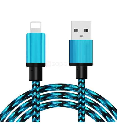 Cablu de date / incarcator USB invelit in material textil pentru Apple iPhone, lungime 2m, Culoare Albastru