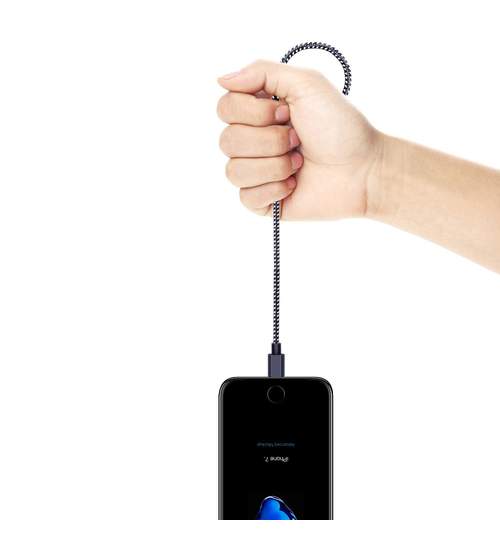 Cablu de date / incarcator USB invelit in material textil pentru Apple iPhone, lungime 2m, Culoare Albastru