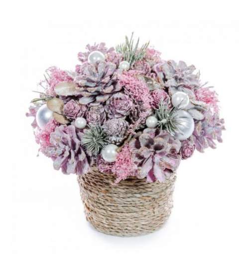 Decoratiune Craciun, cos cu flori si con de brad, roz, 17.5x19 cm MART-8091107