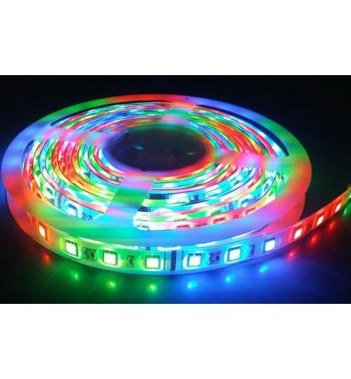 Banda LED RGB Multicolora cu Telecomanda, 300 LED-uri, Lungime 5m, Interior Exterior, Rezistenta la Apa