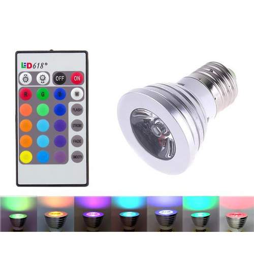 Bec Smart LED RGB Multicolor E27, Putere 3W, 16 culori cu control de la distanta din telecomanda