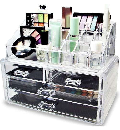 Organizator dulapior transparent pentru produse cosmetice si bijuterii, 16 compartimente + 4 sertare