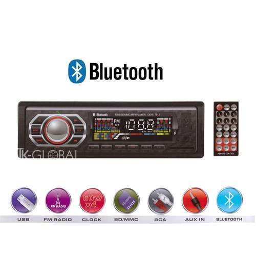 Radio MP3 Player auto bluetooth 1DIN, USB, SD, AUX, putere 4x60W cu telecomanda + microfon incorporat