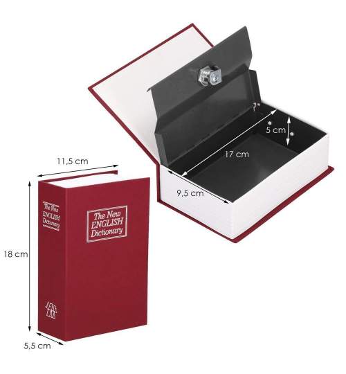 Seif, caseta valori, cutie metalica cu cheie, portabila, tip carte, visiniu, 11.5x5.5x18 cm, Springos MART-HA5044