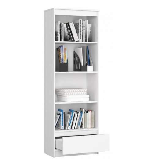 Biblioteca, placa laminata, 1 sertar, 4 rafturi, alb, 60x35x180 cm  MART-166905-AK