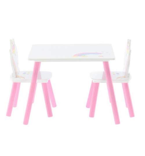 Set mobilier copii, model ponei si curcubeu, alb-roz, lemn + MDF, 55x55x43 cm, Chomik MART-PHO4614