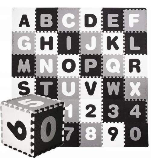 Covor spuma ptr copii, EVA gri cu negru, model alfabet si numere, 172x172x1cm, Springos MART-FM0019