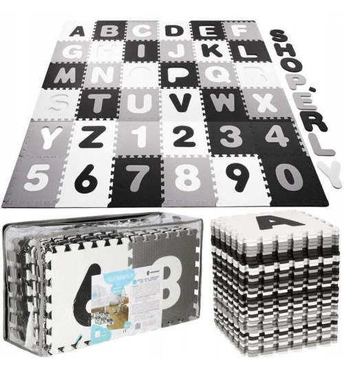 Covor spuma ptr copii, EVA gri cu negru, model alfabet si numere, 172x172x1cm, Springos MART-FM0019