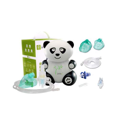 Aparat de Aerosoli Inhalator - Nebulizator cu Compresor pentru Copii si Adulti, Forma de Urs Panda + Accesorii Complete