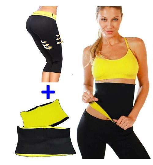 Set Fitness Pantaloni + Centura Hot Shapers din Neopren pentru Slabit si Modelare Corporala, Marimea L