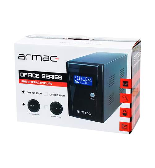 UPS Armac Office 1000VA, Power Management, 3 Prize 220V, 2 RJ45, Protectie si Stabilizare Tensiune, Afisaj LCD si Repornire Automata