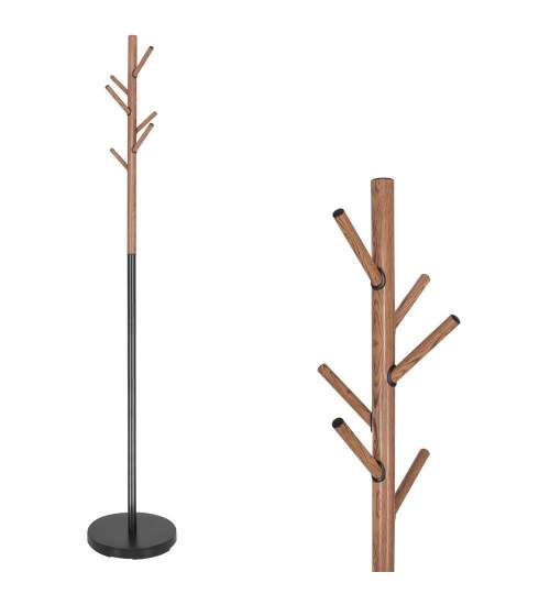 Cuier metalic design scandinav, 6 carlige, negru cu model lemn, baza metalica, 180 cm, Springos MART-HG0033