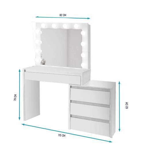 Masa de toaleta/machiaj, alba, cu oglinda si LED-uri, 115x43x145 cm MART-BETIB