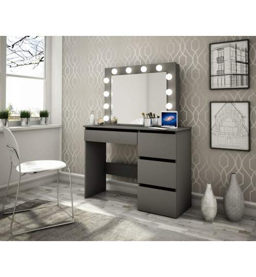 Masa de toaleta/machiaj, neagra, cu oglinda si LED-uri, 94x43x141 cm MART-BETI4Czarny