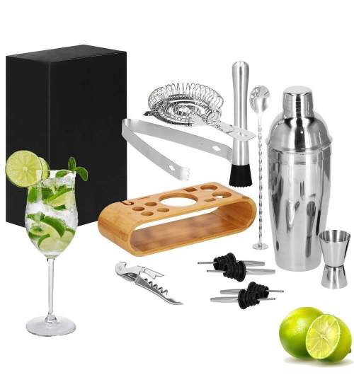 Kit pentru barmani, cocktail shaker, suport bambus, inox, set 12 piese, 750ml, Springos MART-KI0025