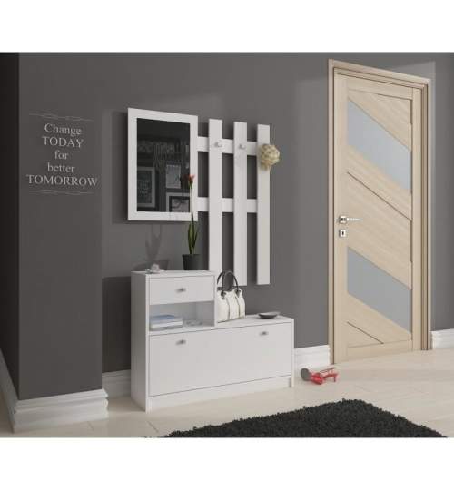 Set mobilier hol, placa laminata, cu pantofar, cuier, oglinda, alb, 90x25x70/100 cm MART-166851-AK