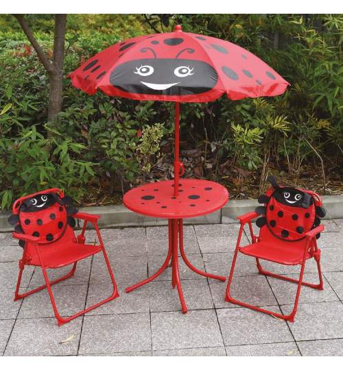 Set mobilier gradina/terasa pentru copii, pliabil, rosu, model buburuza, 1 masa cu umbrela, 2 scaune, Melisenda MART-802416