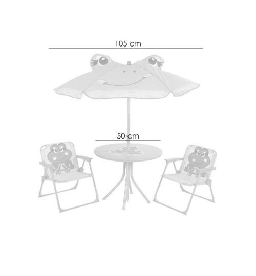Set mobilier gradina/terasa pentru copii, pliabil, verde, model brosca, 1 masa cu umbrela, 2 scaune, Melisenda MART-802417