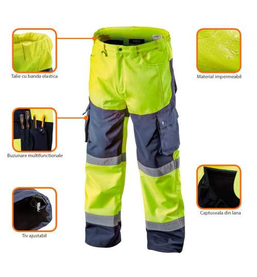 Pantaloni de lucru, reflectorizanti, impermeabili, galben, model Visibility, marimea M/50, NEO MART-81-750-M