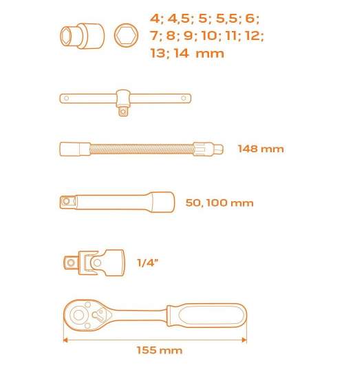 Set capete tubulare scurte cu clichet, pentru dulap mobil, 1/4, 4-14 mm, 19 piese, NEO