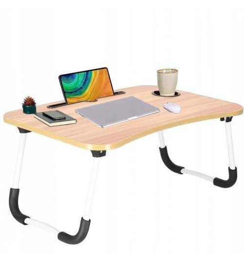 Masa pentru laptop, pliabila, suport pahar, MDF, metal, PE, natur, 60x40x27 cm, Springos MART-HA4003