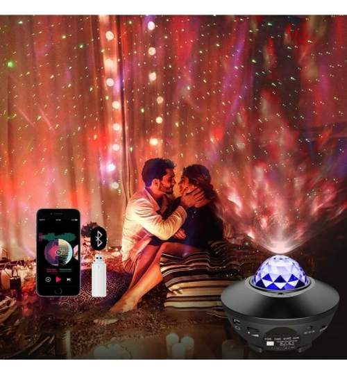 Lampa de noptiera cu proiector, LED, telecomanda, bluetooth, 4 culori, incarcare USB, negru, 12.3x16.4 cm MART-E-906952