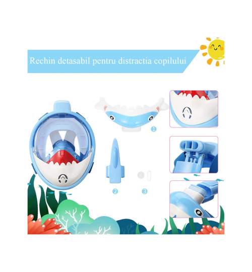 Masca snorkeling cu tub pentru copii model rechin, albastra MART-8050178