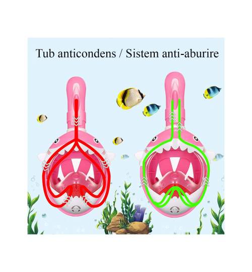 Masca snorkeling cu tub pentru copii model rechin, roz MART-8050179