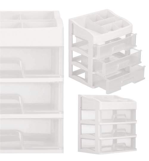 Organizator cosmetice, plastic, 4 niveluri, 3 sertare, alb, 23.3x17x26.5 cm, Springos MART-HA1093