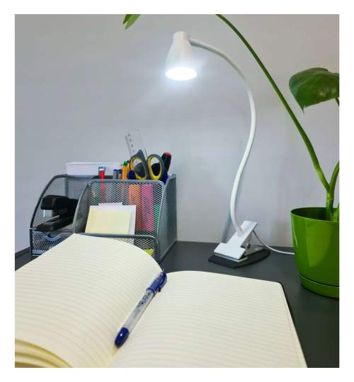 Lampa de birou cu clips, brat flexibil, 3 culori lumina, 10 niveluri, USB, alb, 45 cm, Izoxis MART-00019455-IS