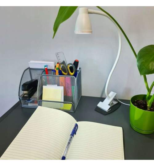 Lampa de birou cu clips, brat flexibil, 3 culori lumina, 10 niveluri, USB, alb, 45 cm, Izoxis MART-00019455-IS