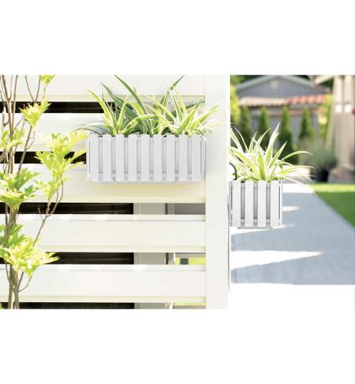 Jardiniera decorativa, suport metalic, sistem irigare,​​​​​​​ alb, 38x18x16.2 cm, Boardee Fencycase W MART-DDEF400W-S449