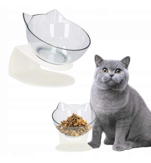 Castron, bol, pentru caine, pisica, cu suport, plastic, alb, model pisica, 13 cm MART-PA0190