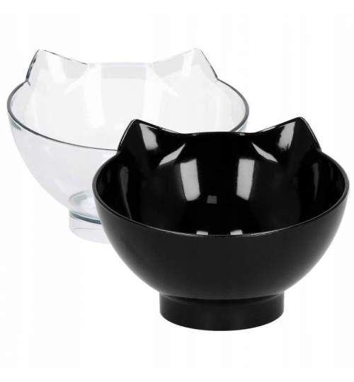 Castron, bol, pentru caine, pisica, dublu, cu suport, plastic, alb si negru, model pisica, 2x13 cm MART-PA0192