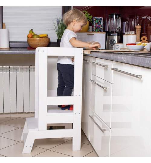 Inaltator multifunctional/ajutor de bucatarie pentru copii, ajustabil, lemn, alb, 39x52x90 cm, Springos MART-KCH01WHITE