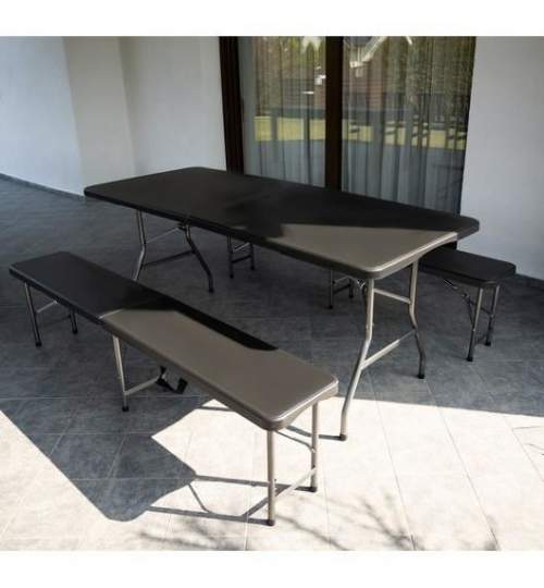 Set mobilier gradina/terasa, pliabil, 1 masa, 2 banci, negru, 180x74x74 cm/180x30x45 cm, Malatec MART-00017966-IS