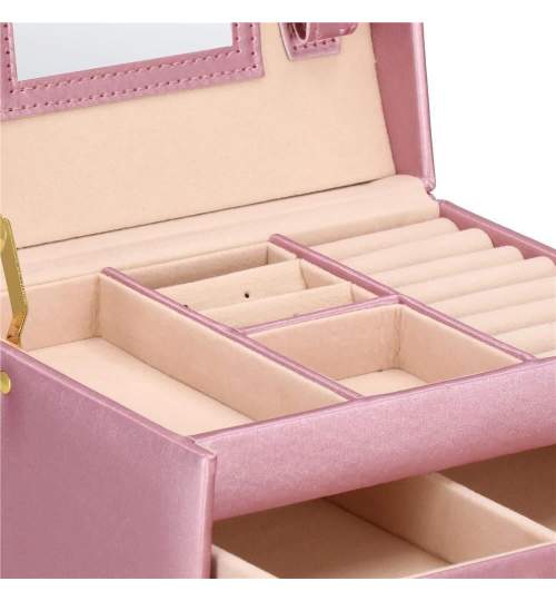 Cutie pentru bijuterii, MDF, piele ecologica si catifea, roz si bej, cu oglinda, 17.5x14x12.5 cm, Springos MART-HA1077