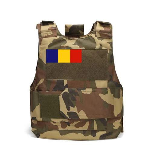 Vesta tactica Airsoft reglabila, camuflaj cu steagul Romaniei, marime S-M, Delta Soft Body Armor TAN MTEK-vest