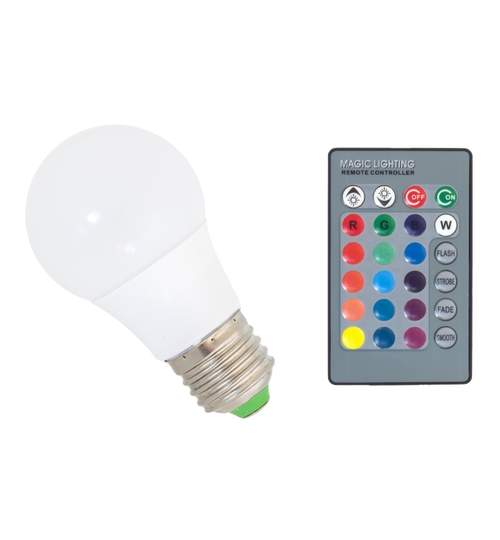 Bec Magic RGB cu LED Multicolor Controlat din Telecomanda, Dulie E27, Putere 3W