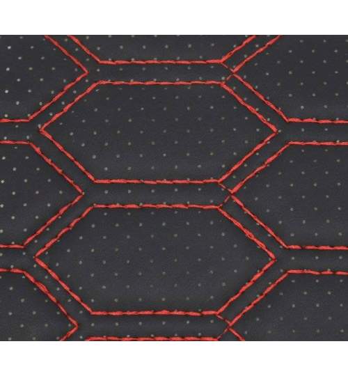 Material piele eco Negru cu gaurele model hexagon / cusatura Rosie MALE-6091