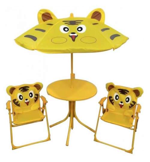 Set mobilier gradina/terasa pentru copii, pliabil, galben, model tigru, 1 masa cu umbrela, 2 scaune, Melisenda MART-802550