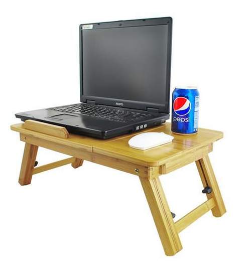 Masa din bambus reglabila pentru laptop cu picioare pliabile, sertar si aerisire 50x30cm