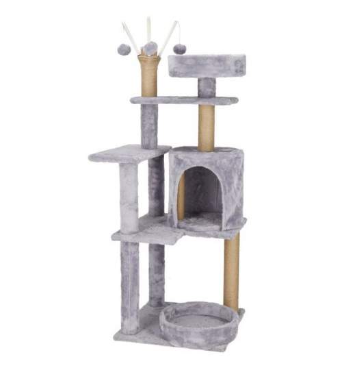 Ansamblu de joaca pentru pisici, Springos, cu platforme, ciucuri, culcus, gri si bej, 45x45x127 cm MART-PA1048
