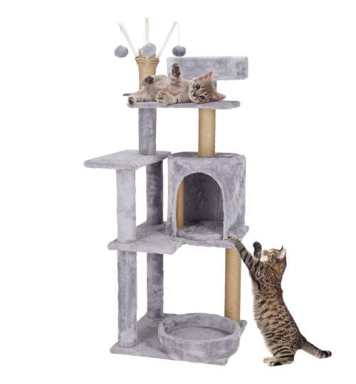 Ansamblu de joaca pentru pisici, Springos, cu platforme, ciucuri, culcus, gri si bej, 45x45x127 cm MART-PA1048