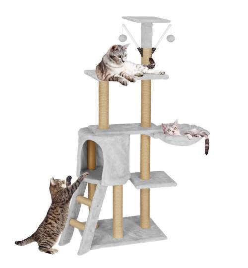 Ansamblu de joaca pentru pisici, Springos, cu platforme, ciucuri, culcus, gri si bej, 49x35x136 cm MART-PA1042