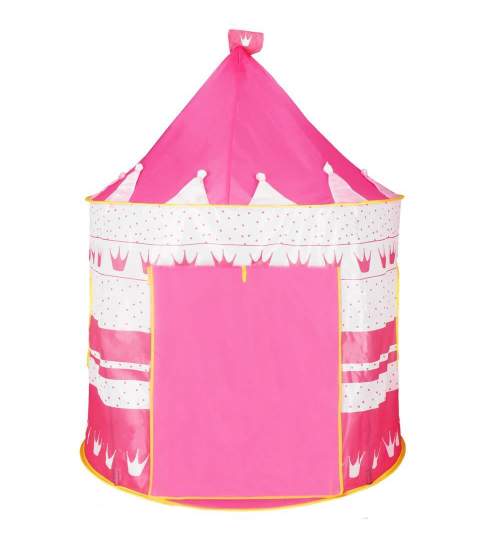 Cort de joaca pentru copii, Springos, tip castel, cu husa, model buline si coronite, roz, 100x140 cm MART-KG0018