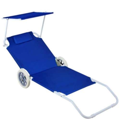 Sezlong de plaja, 2 in 1, cu roti, parasolar, albastru, max 120 kg, 145x62x61 cm MART-LEZ5965