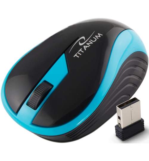 Mouse wireless Titanum cu conectare la USB 1000 DPI culoare negru cu dunga albastra