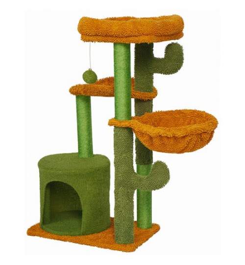Ansamblu de joaca pentru pisici, Jumi, model cactus, cu platforme, culcus, ciucure, verde si portocaliu, 47x90 cm MART-CD-264946