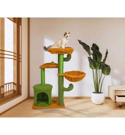 Ansamblu de joaca pentru pisici, Jumi, model cactus, cu platforme, culcus, ciucure, verde si portocaliu, 47x90 cm MART-CD-264946